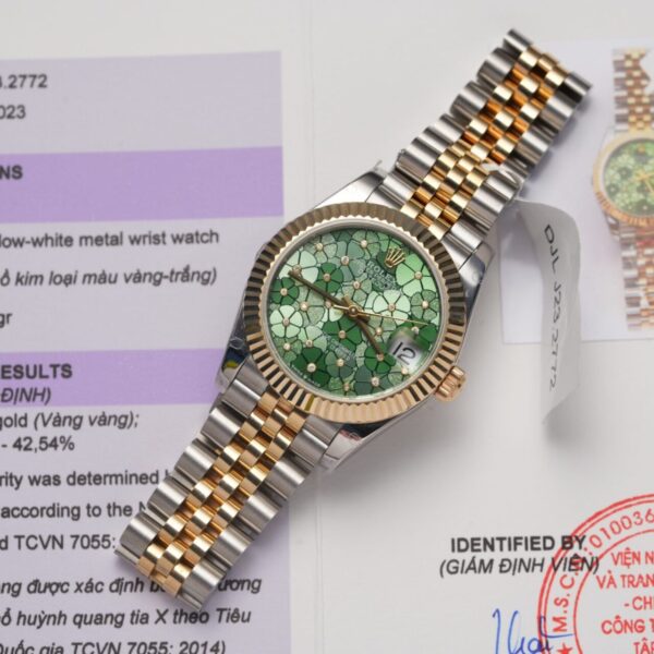 Dong Ho Nu Rolex Boc Vang Datejust Mat So Xanh Olive Hoa La GM 31mm 3 scaled 1