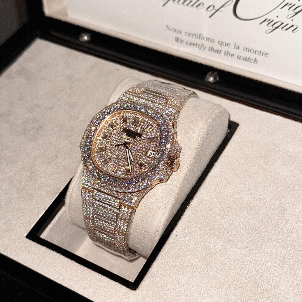 Patek Philippe Super Clone Watch Nautilus 5719 Gold Wrapped & Moissanite Diamonds Custom 40mm - Image 5