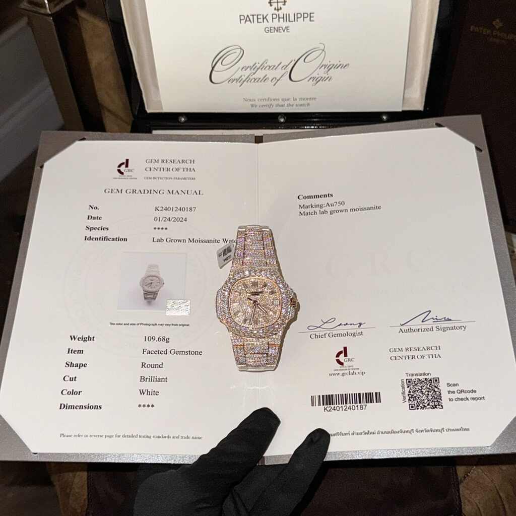 Patek Philippe Super Clone Watch Nautilus 5719 Gold Wrapped & Moissanite Diamonds Custom 40mm