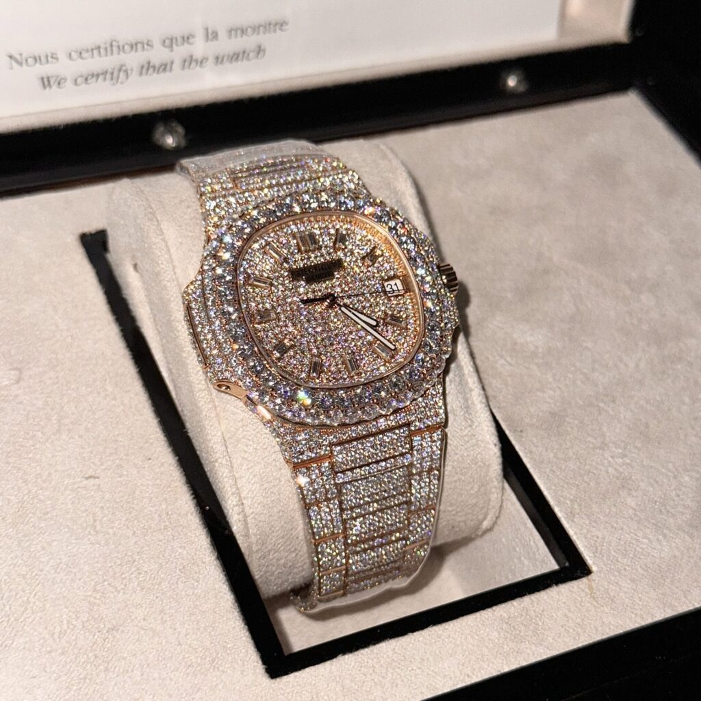 Patek Philippe Super Clone Watch Nautilus 5719 Gold Wrapped & Moissanite Diamonds Custom 40mm - Image 4