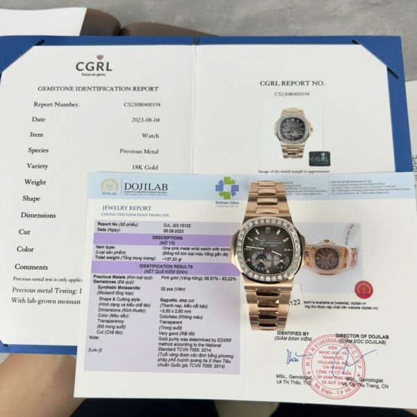 Dong Ho Patek Philippe Nautilus 5724R Mat Xam Replica 11 Boc Vang Dinh Kim Cuong Moissanite Baguette PPF 40mm 1 1
