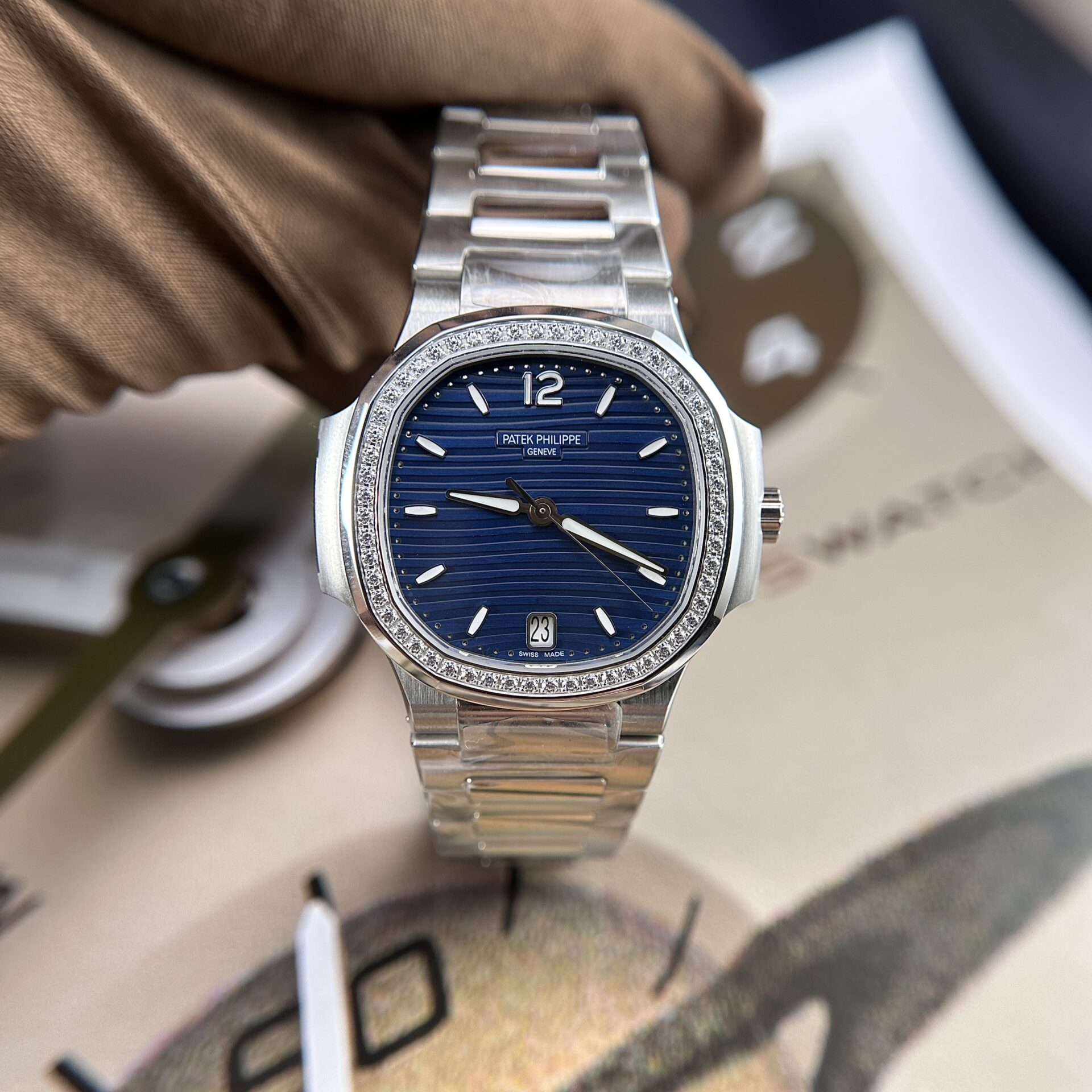 Patek Philippe Nautilus 7118 Super Clone Watch Blue Dial Stone Bezel 35.2mm