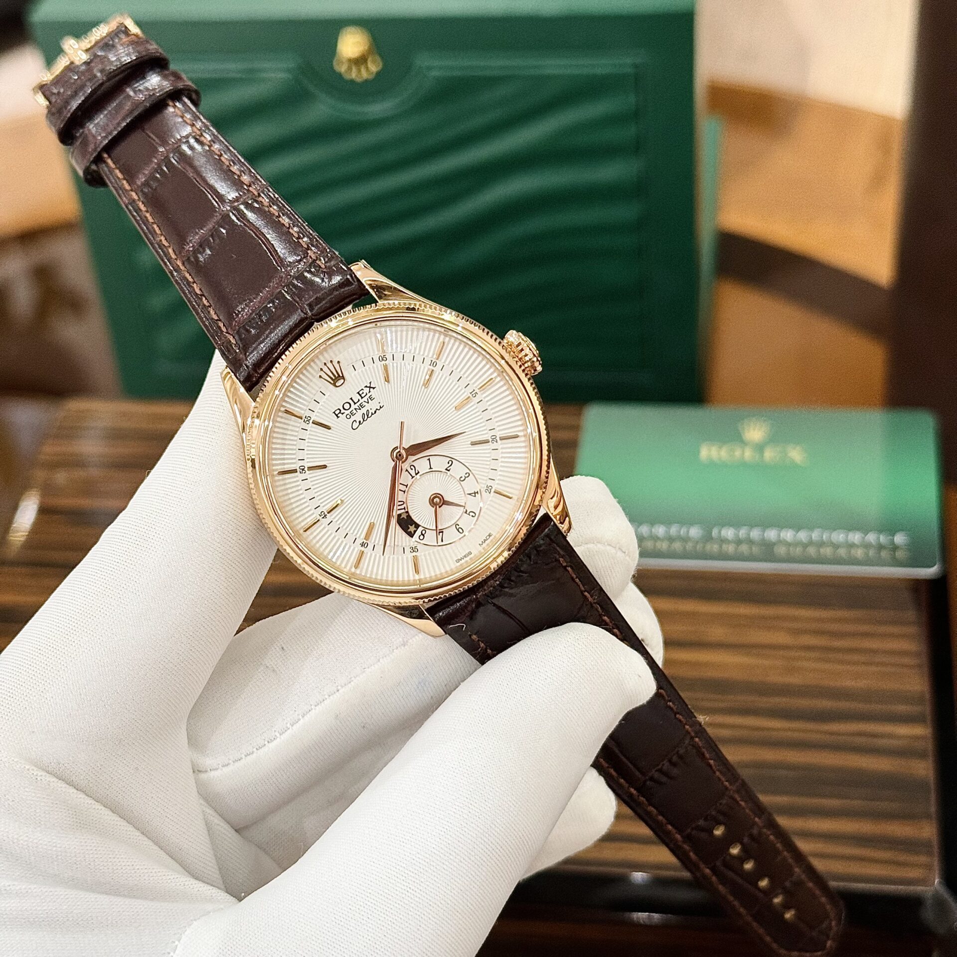 Rolex Cellini 50525 Super Clone Watch Rose Gold Brown Strap 39mm - Image 3
