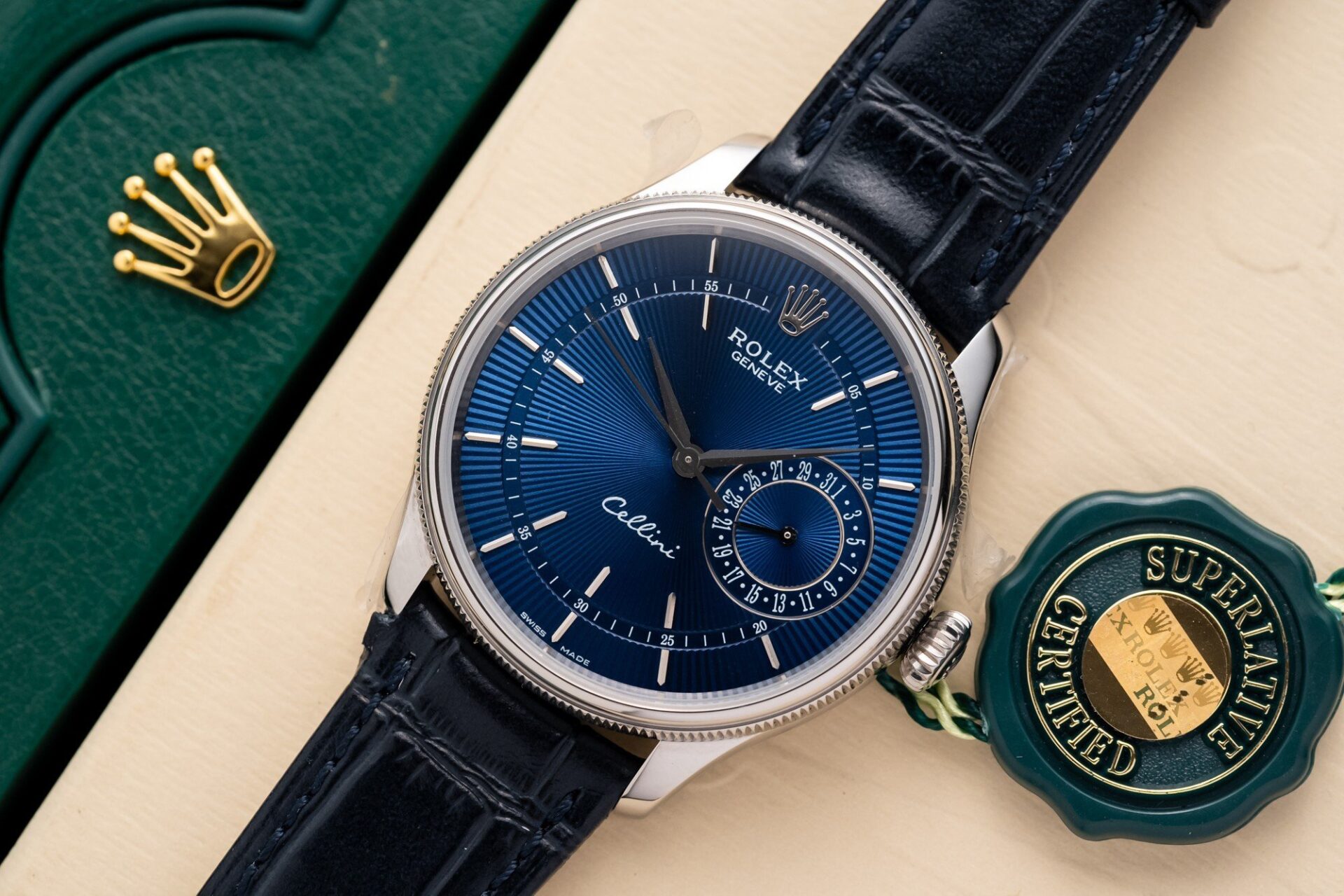 Rolex Super Clone 1:1 Watch Cellini Date 50519 Blue Dial Leather Strap 39mm