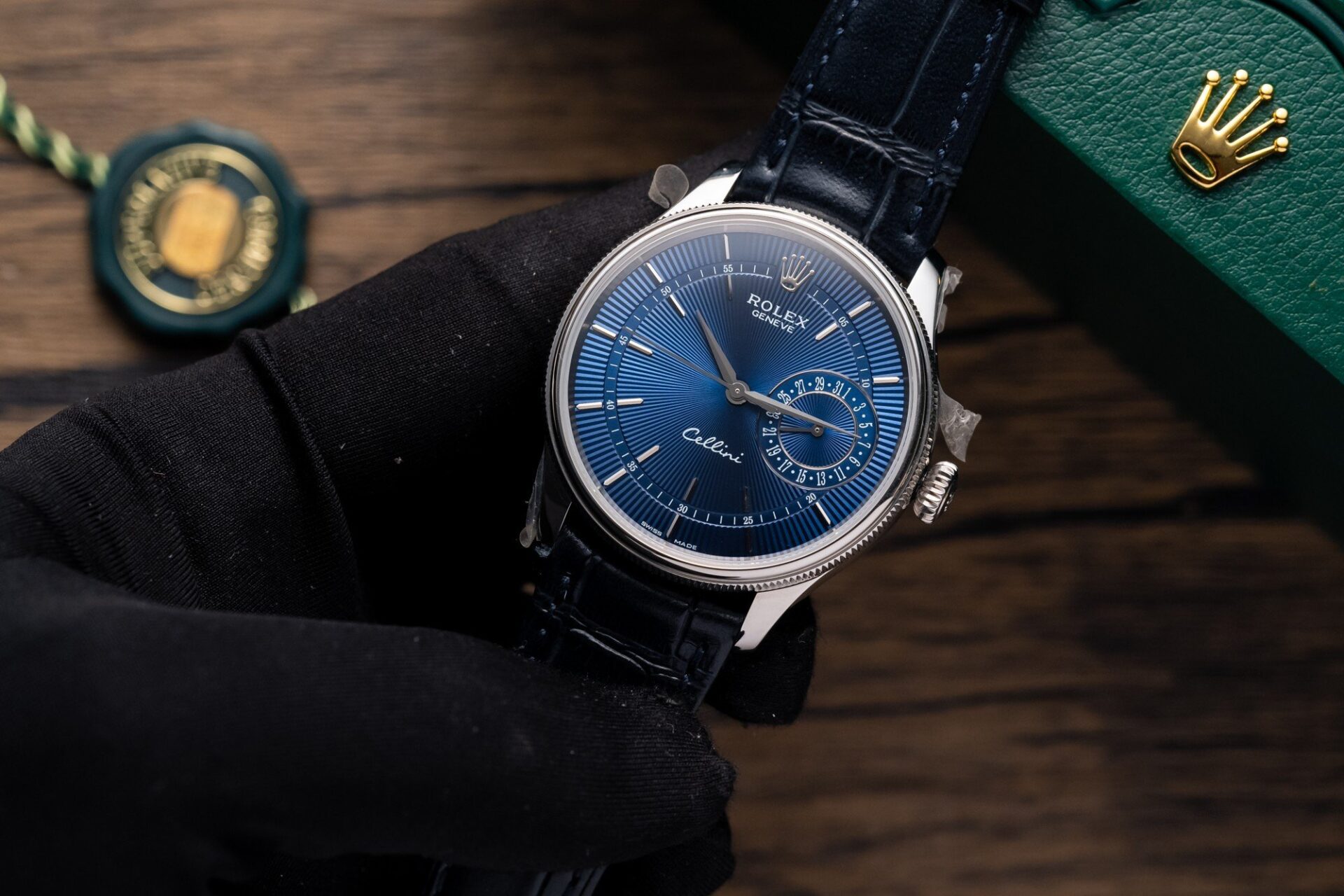 Rolex Super Clone 1:1 Watch Cellini Date 50519 Blue Dial Leather Strap 39mm - Image 3