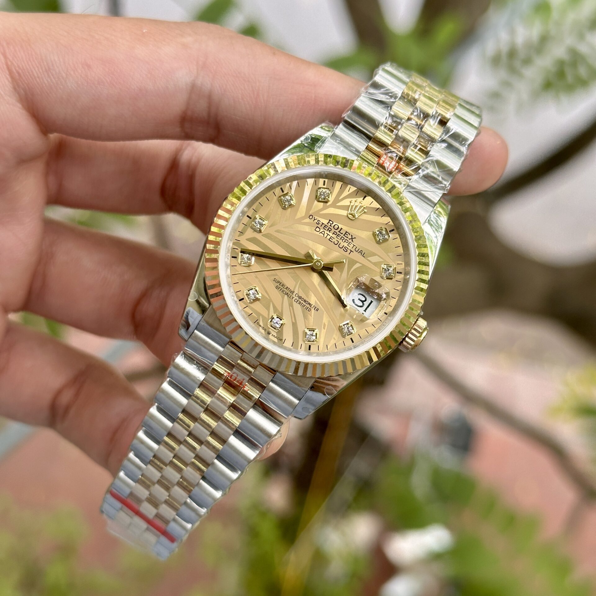 Rolex DateJust 18K Gold Wrapped Super Clone Watch Palm Leaf Dial GM 36mm - Image 2