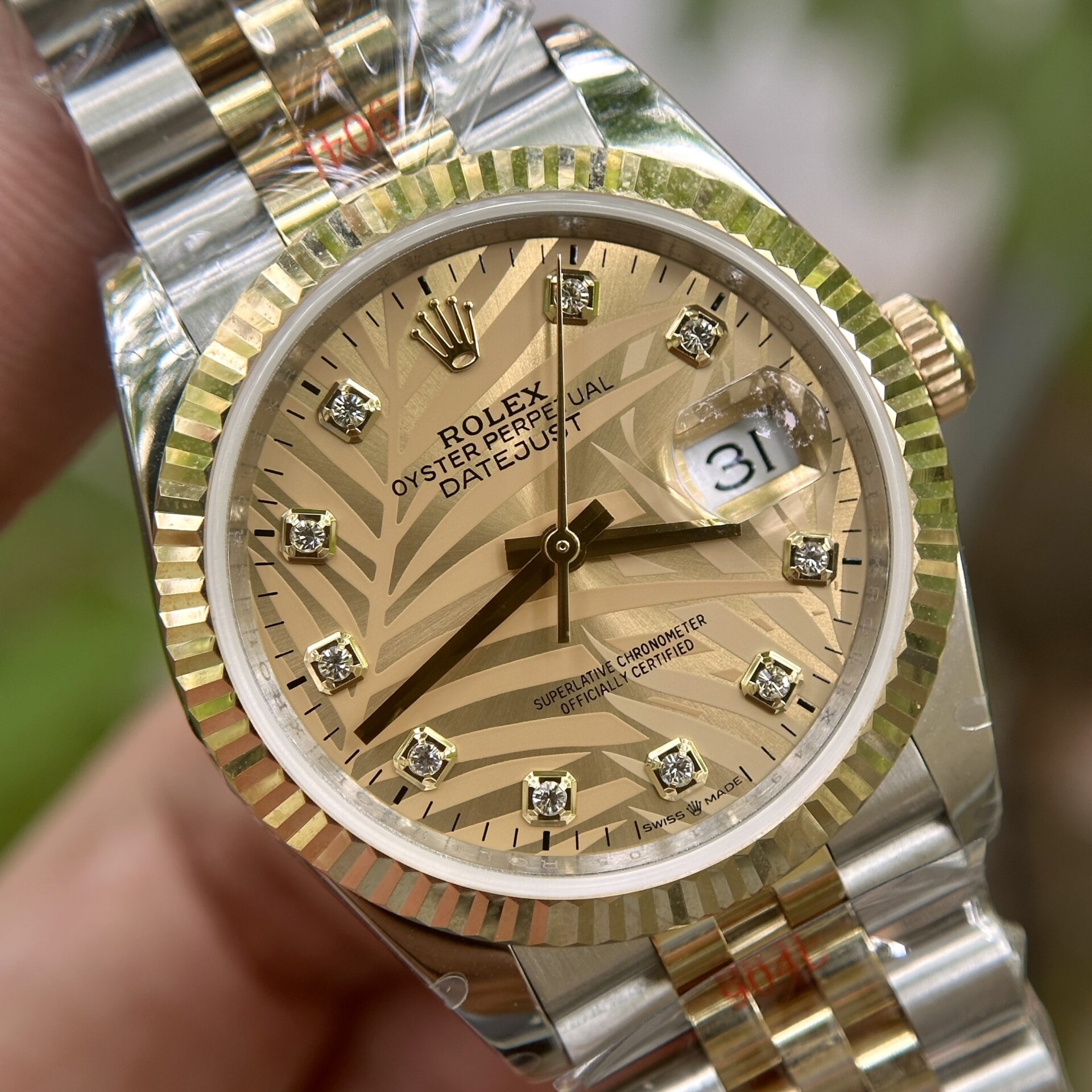 Rolex DateJust 18K Gold Wrapped Super Clone Watch Palm Leaf Dial GM 36mm - Image 3