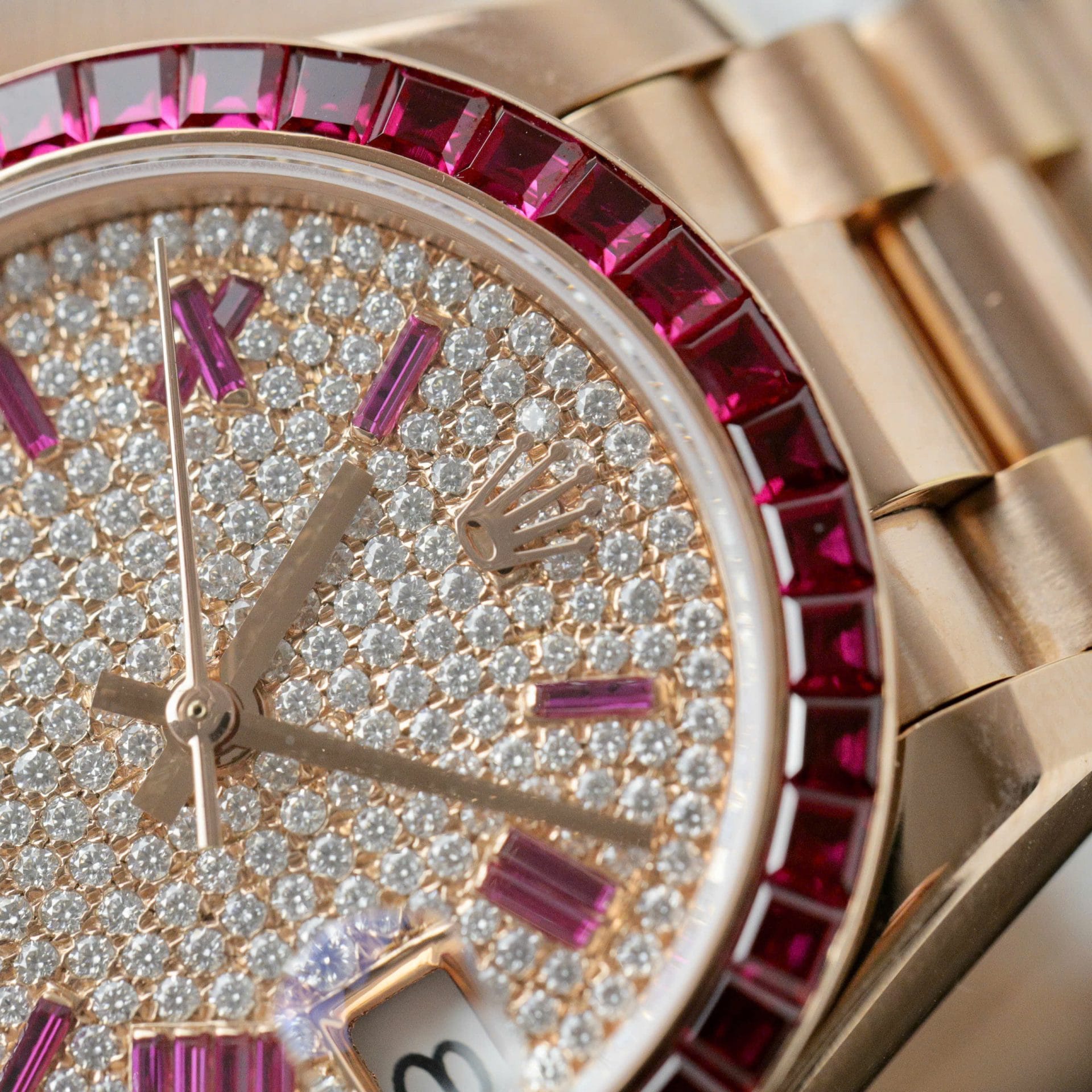 Rolex DateJust Women Custom Gold Wrapped + Ruby Baguette + Diamonds Moissanite 31mm Super Clone - Image 6