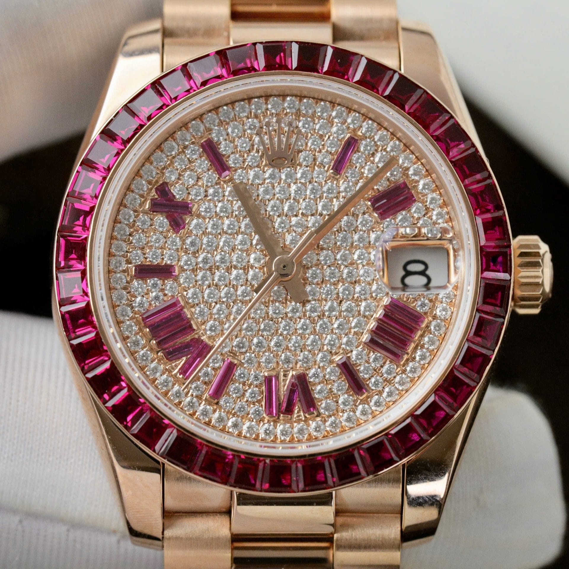 Rolex DateJust Women Custom Gold Wrapped + Ruby Baguette + Diamonds Moissanite 31mm Super Clone - Image 5