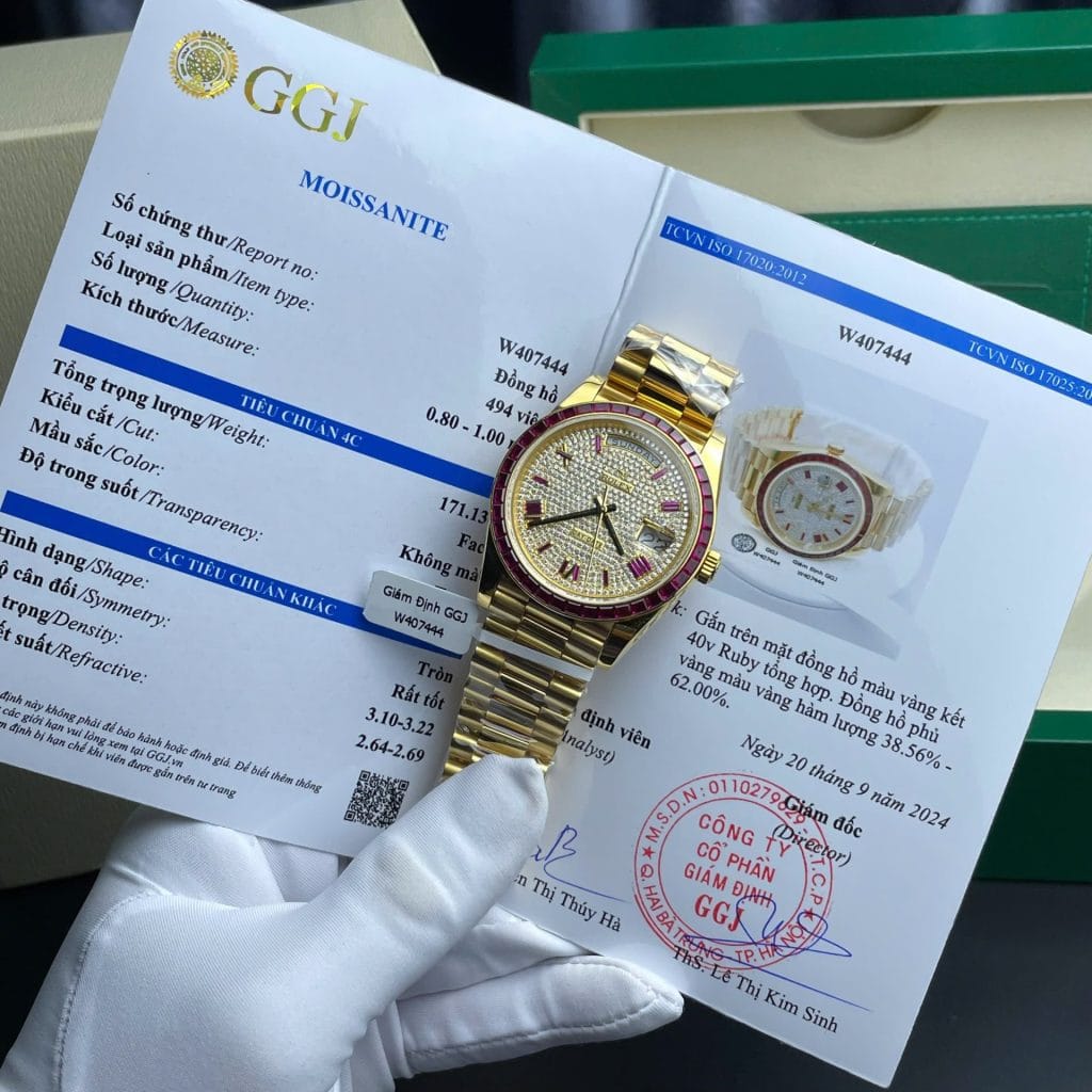 Rolex Day-Date Super Clone Watch Ruby Red + Moissanite Diamonds Gold Wrapped GM Factory 40mm