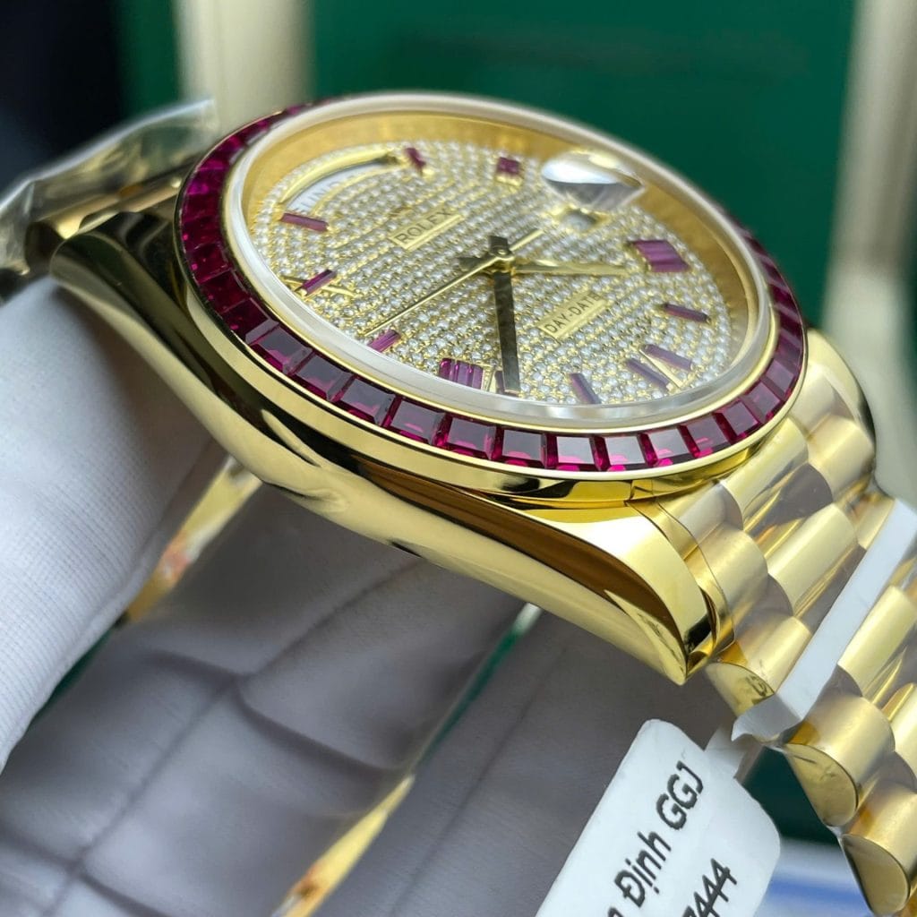 Rolex Day-Date Super Clone Watch Ruby Red + Moissanite Diamonds Gold Wrapped GM Factory 40mm - Image 6