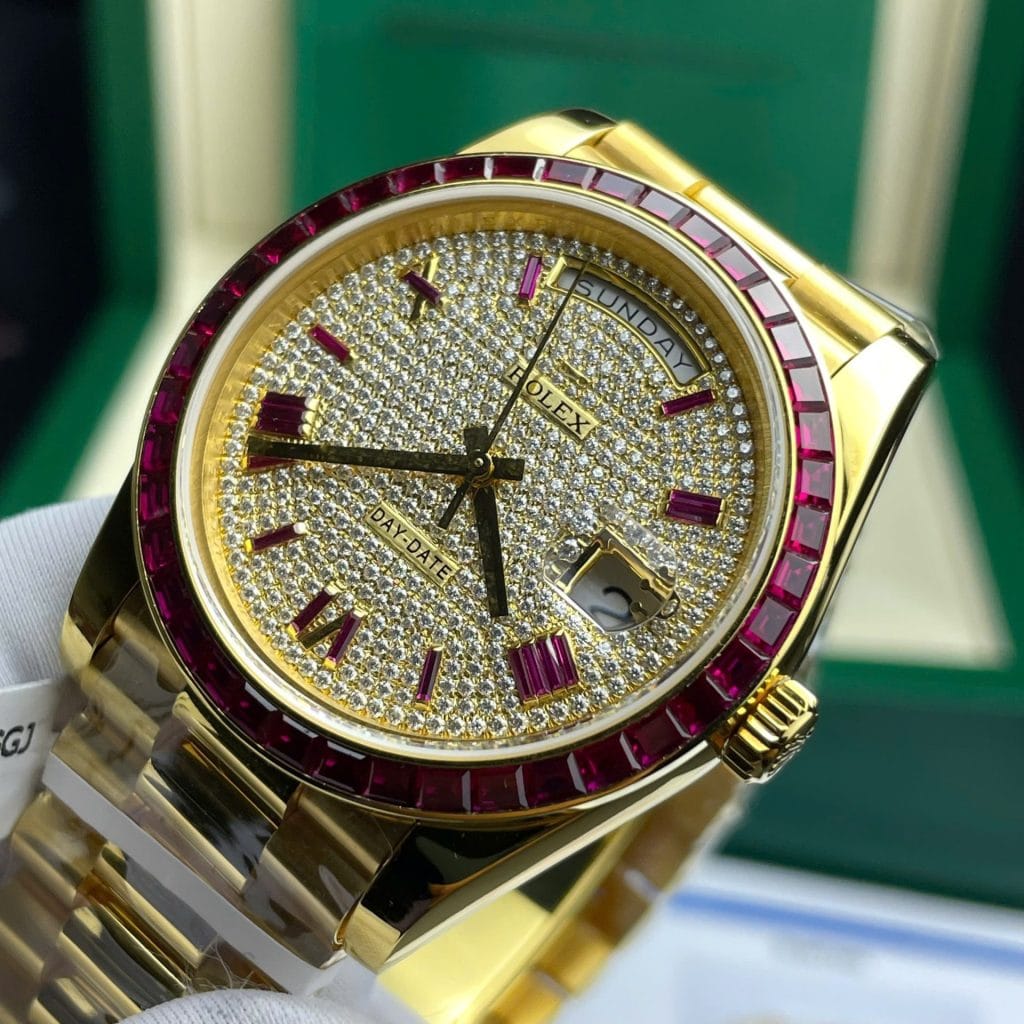 Rolex Day-Date Super Clone Watch Ruby Red + Moissanite Diamonds Gold Wrapped GM Factory 40mm - Image 5