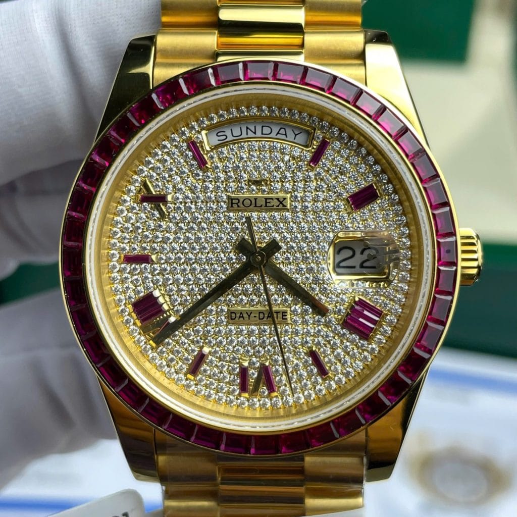 Rolex Day-Date Super Clone Watch Ruby Red + Moissanite Diamonds Gold Wrapped GM Factory 40mm - Image 4