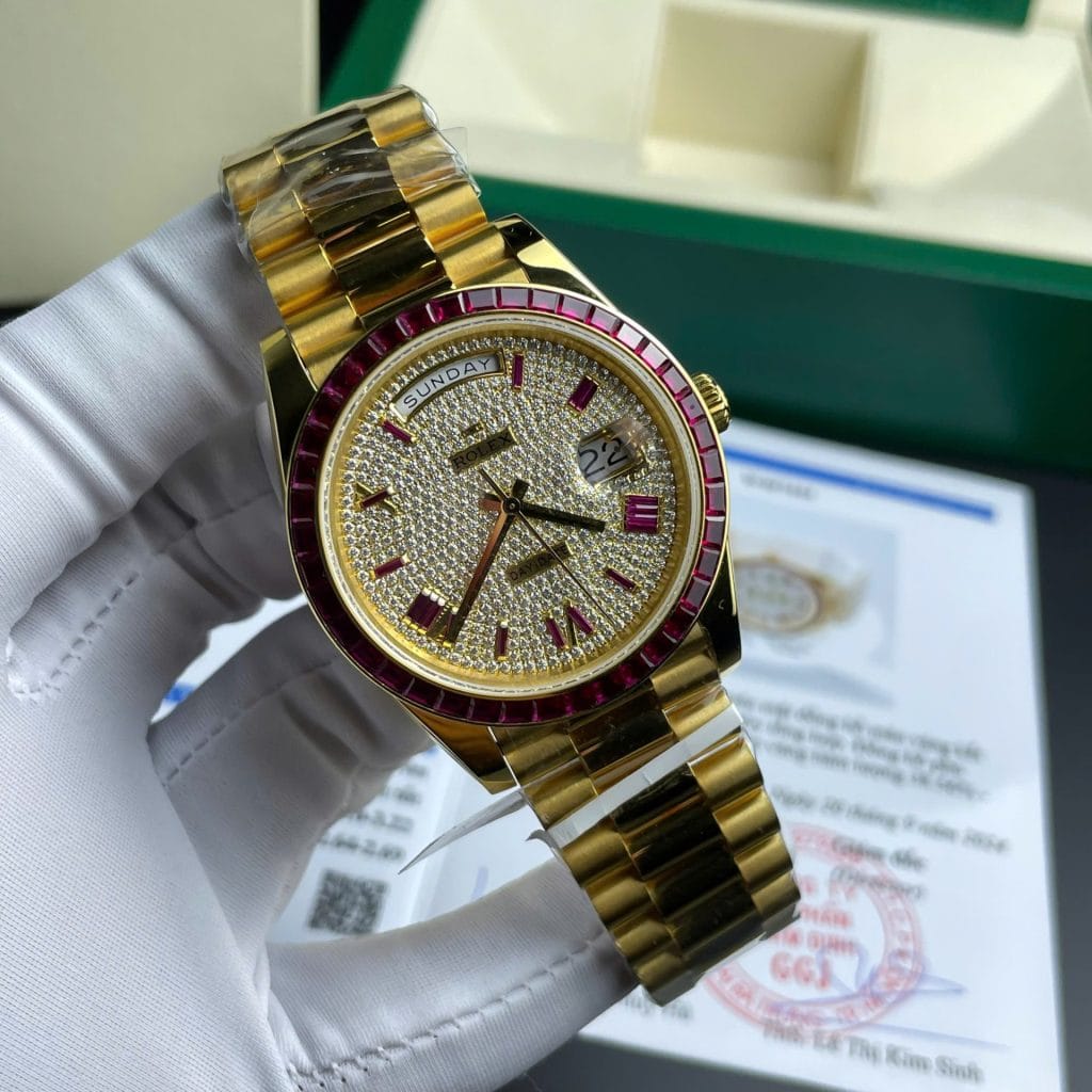 Rolex Day-Date Super Clone Watch Ruby Red + Moissanite Diamonds Gold Wrapped GM Factory 40mm - Image 3