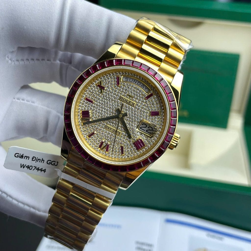 Rolex Day-Date Super Clone Watch Ruby Red + Moissanite Diamonds Gold Wrapped GM Factory 40mm - Image 2