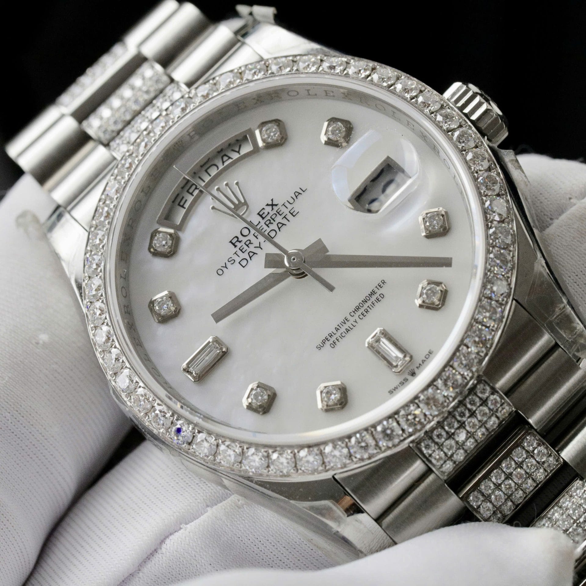 Rolex Day-Date Dial MOP Super Clone Watch Custom Moissanite Diamonds 36mm - Image 4