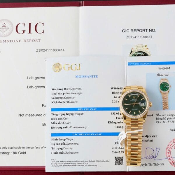 Dong Ho Rolex Day Date Mat Xanh La Cay Che Tac Boc Vang That Dinh Moissanite Hong Kong 36mm 9 1
