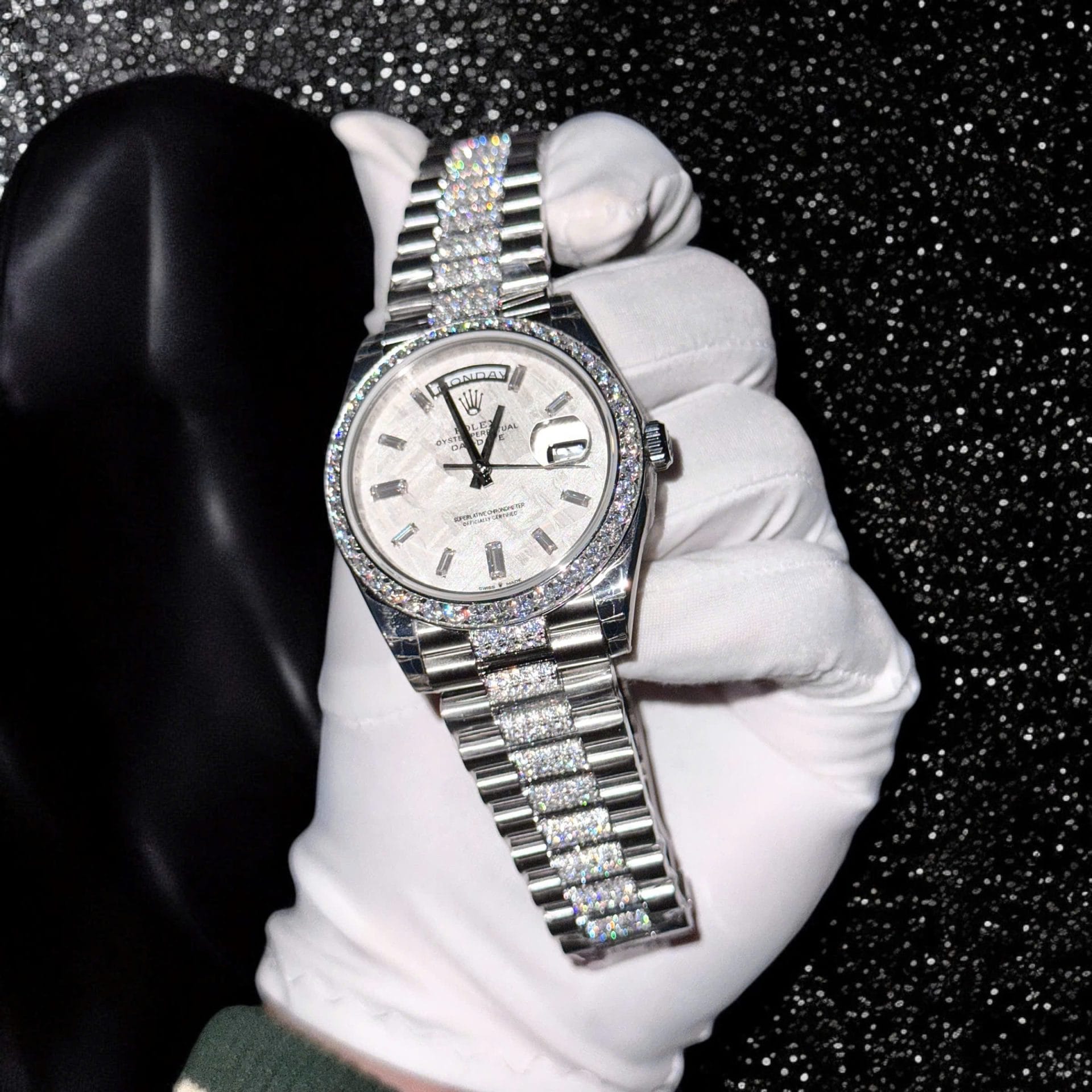 Rolex Day-Date Super Clone Watch Meteorite Dial Moissanite Diamonds Custom 40mm - Image 4