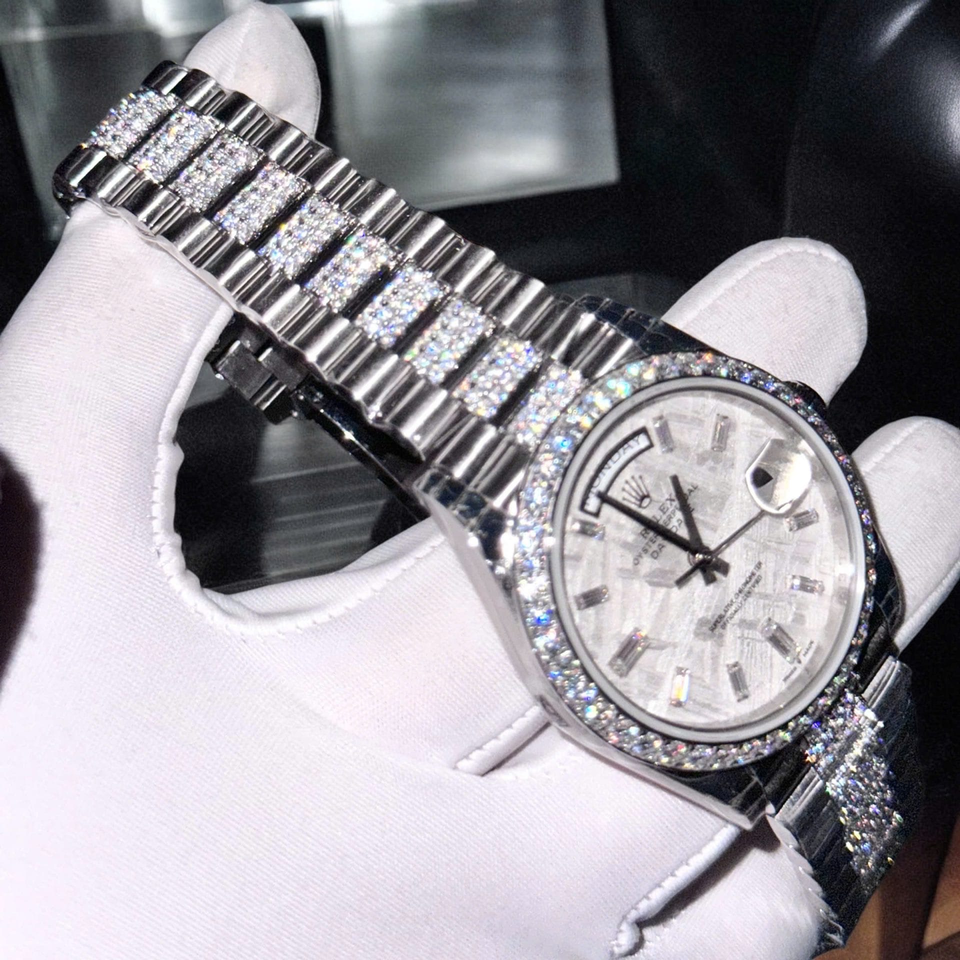 Rolex Day-Date Super Clone Watch Meteorite Dial Moissanite Diamonds Custom 40mm - Image 5