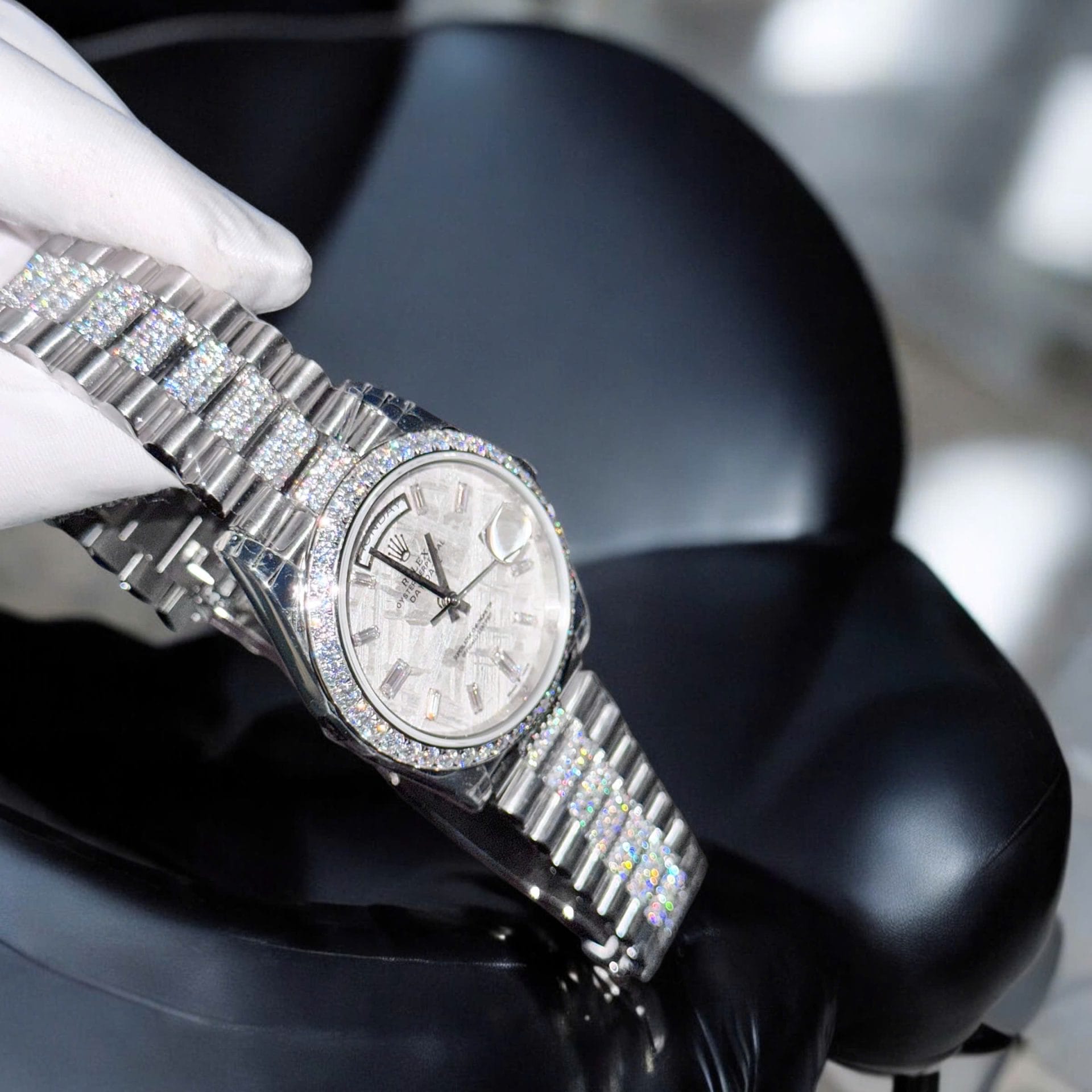 Rolex Day-Date Super Clone Watch Meteorite Dial Moissanite Diamonds Custom 40mm - Image 6