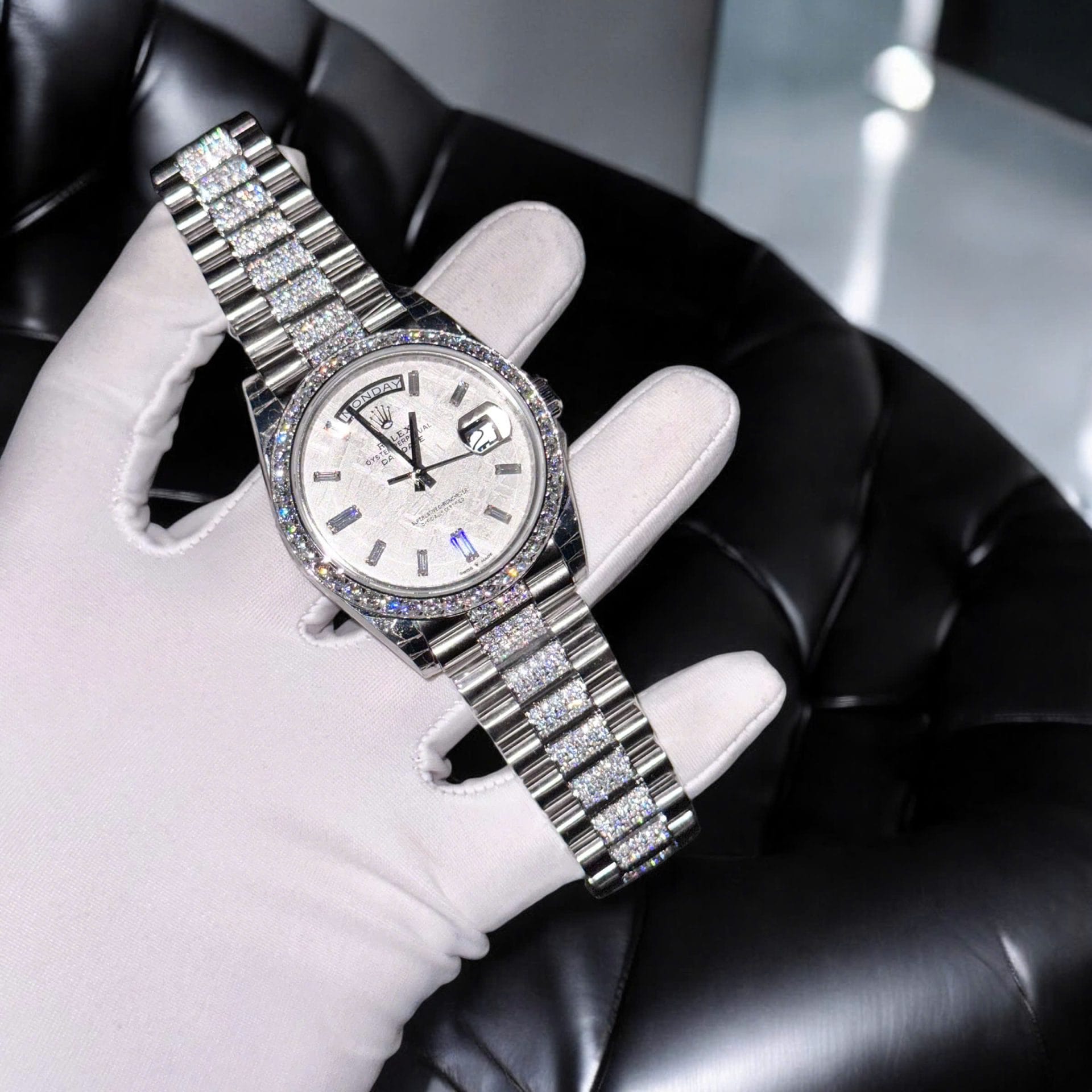 Rolex Day-Date Super Clone Watch Meteorite Dial Moissanite Diamonds Custom 40mm