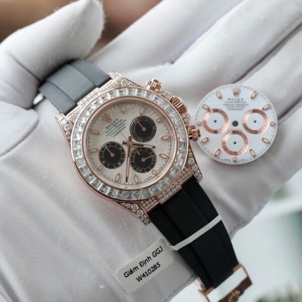 Dong Ho Rolex Daytona Mat Thien Thach Che Tac Boc Vang That Dinh Kim Cuong Moissanite Baguette 40mm 2 1