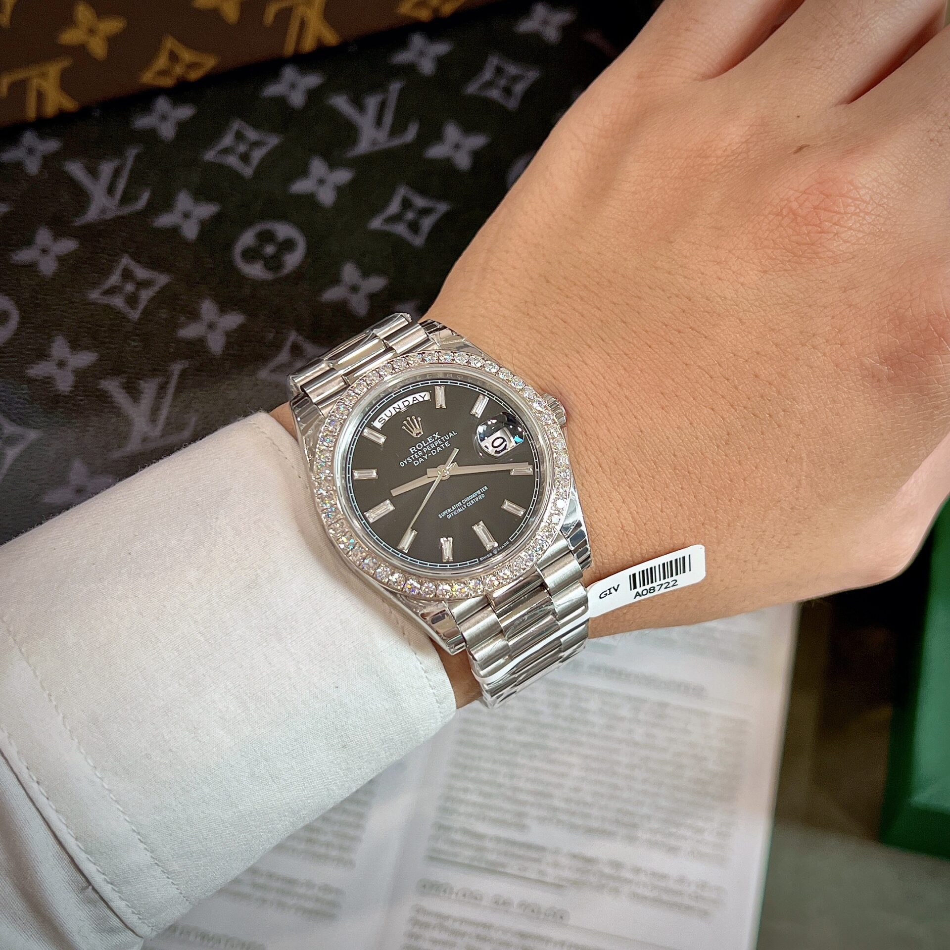 Rolex Day-Date Super Clone Watch Black Dial Custom Moissanite Diamonds 40mm - Image 8