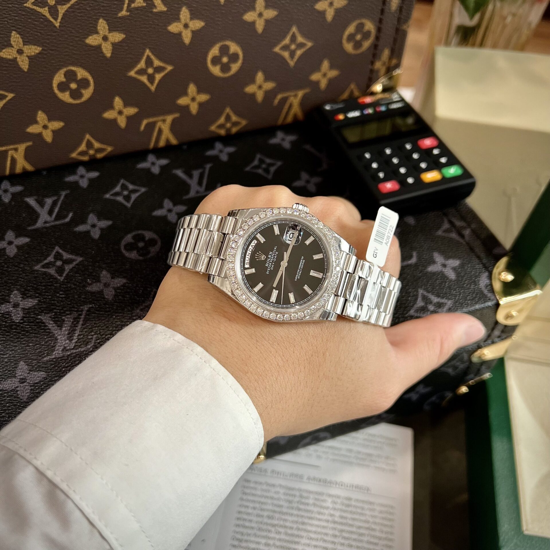 Rolex Day-Date Super Clone Watch Black Dial Custom Moissanite Diamonds 40mm - Image 7