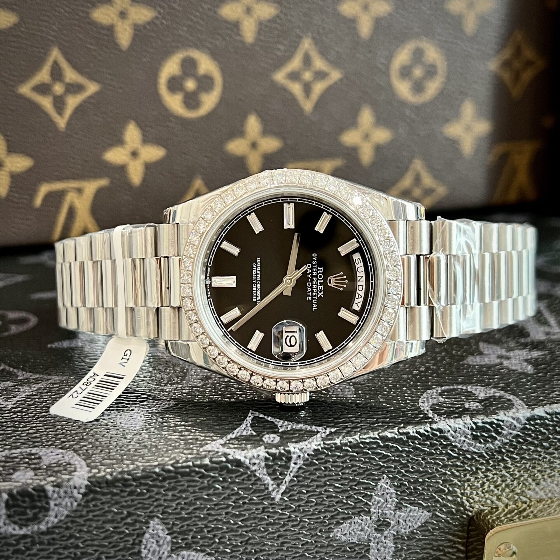 Rolex Day-Date Super Clone Watch Black Dial Custom Moissanite Diamonds 40mm - Image 2