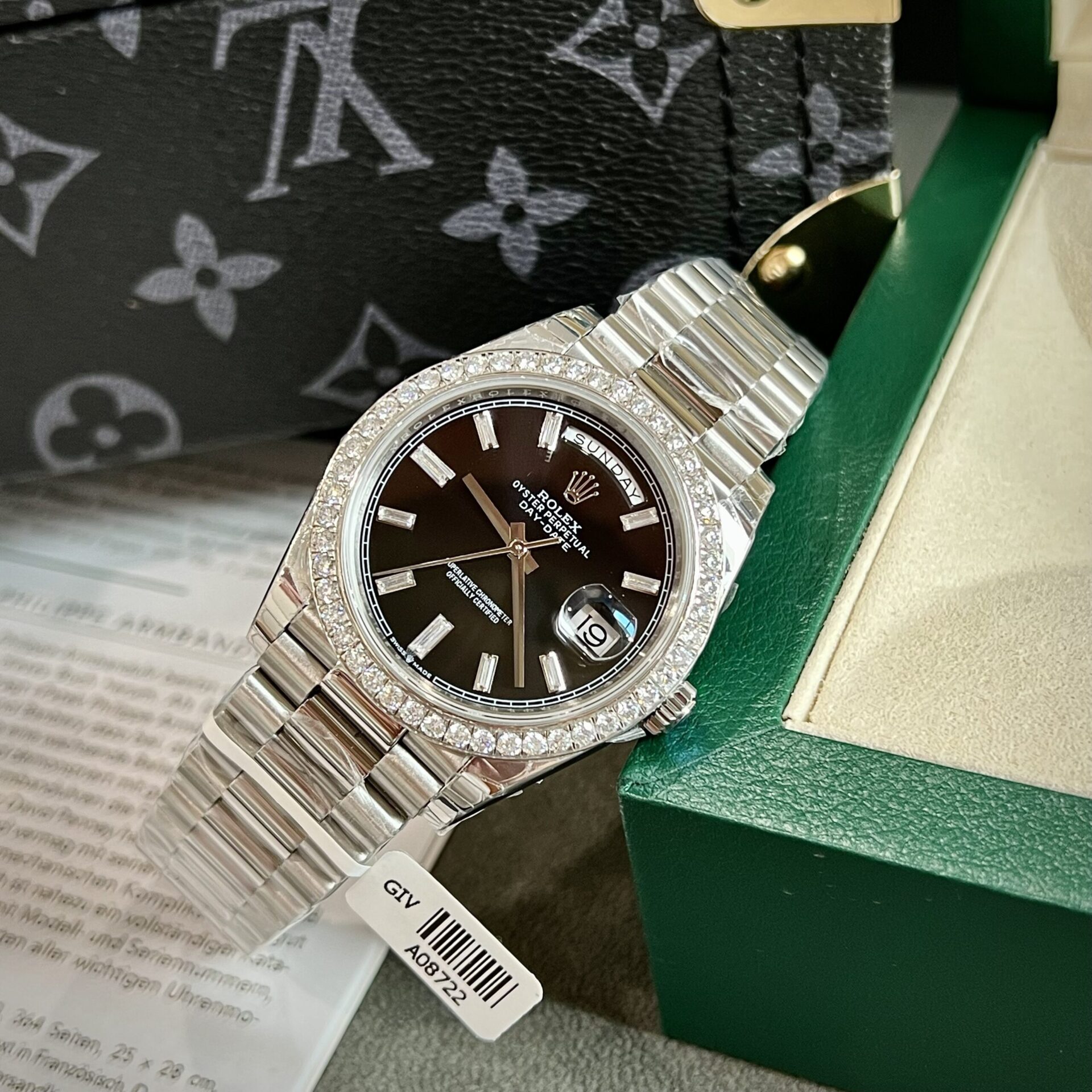 Rolex Day-Date Super Clone Watch Black Dial Custom Moissanite Diamonds 40mm - Image 3