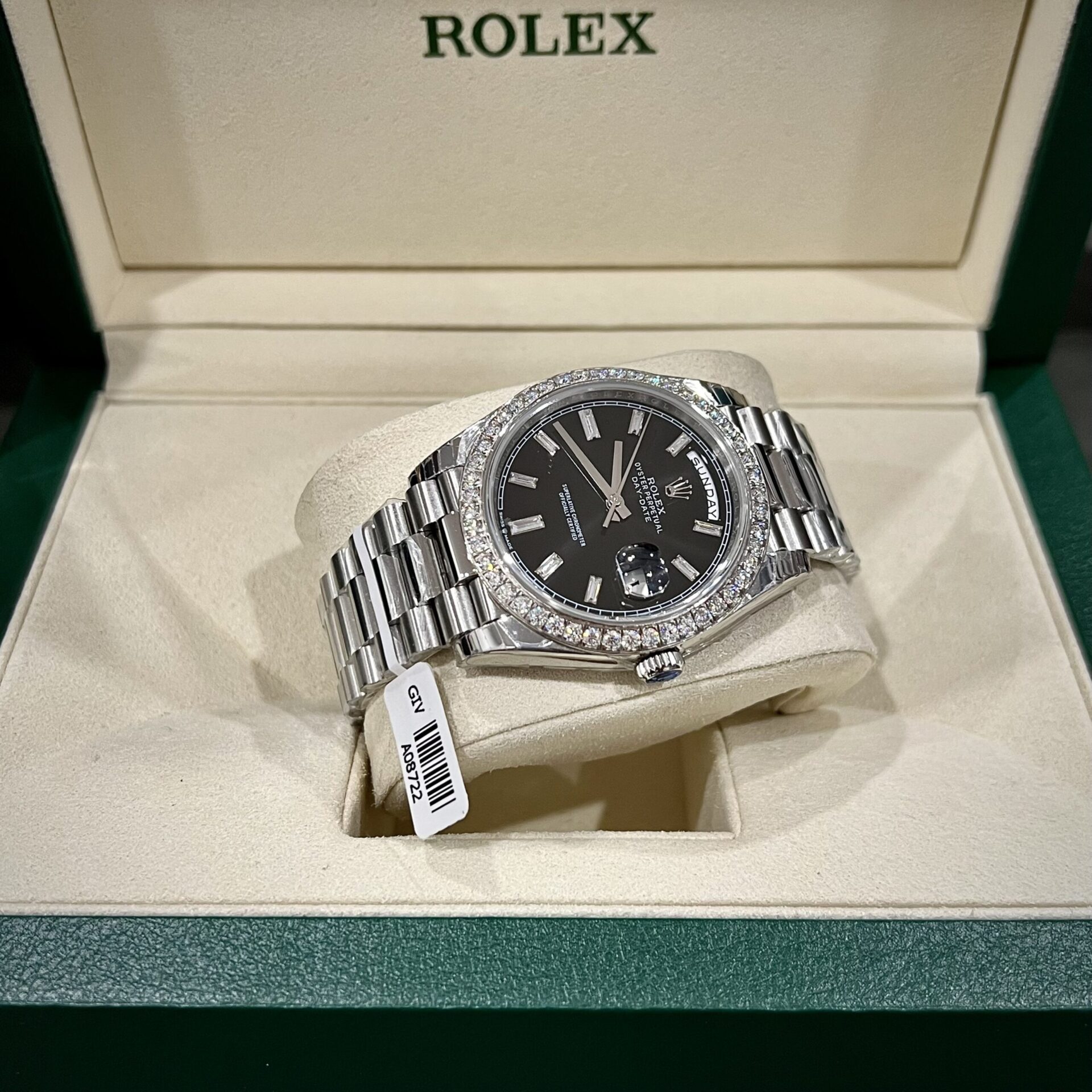 Rolex Day-Date Super Clone Watch Black Dial Custom Moissanite Diamonds 40mm - Image 4