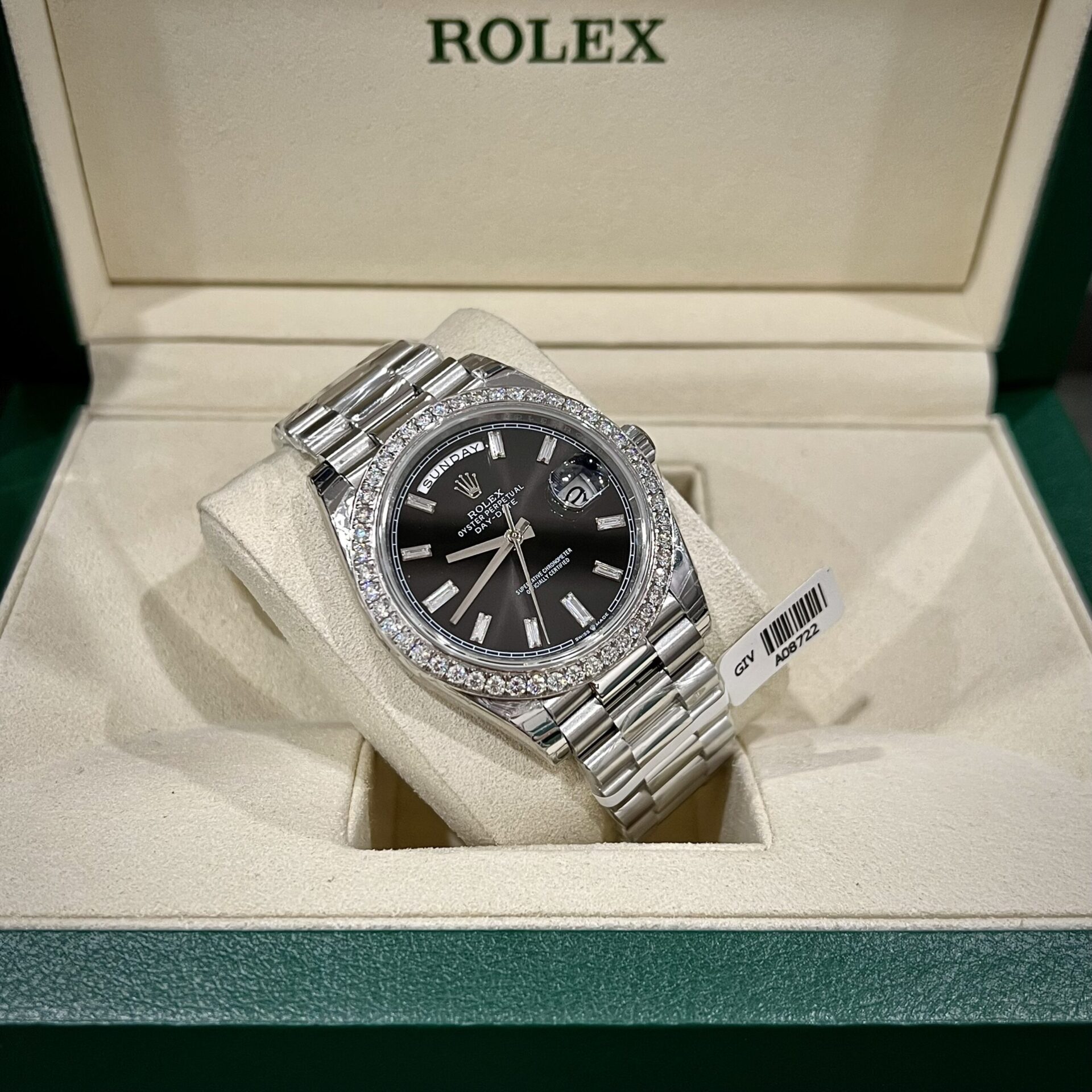 Rolex Day-Date Super Clone Watch Black Dial Custom Moissanite Diamonds 40mm - Image 5