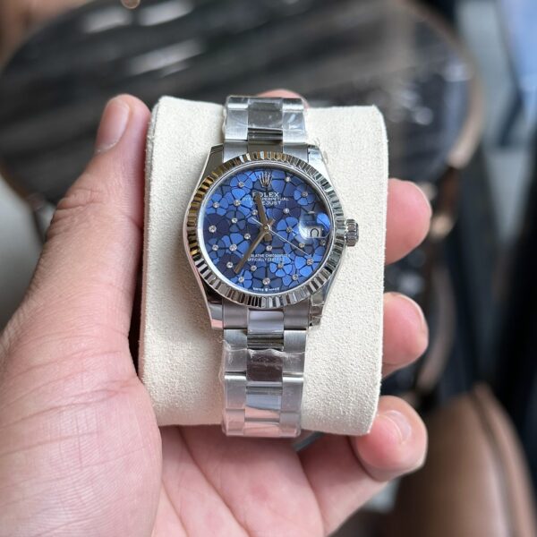 Dong Ho Rolex Nu DateJust Replica Mat So Cay La Mau Xanh Duong 31mm 5 1