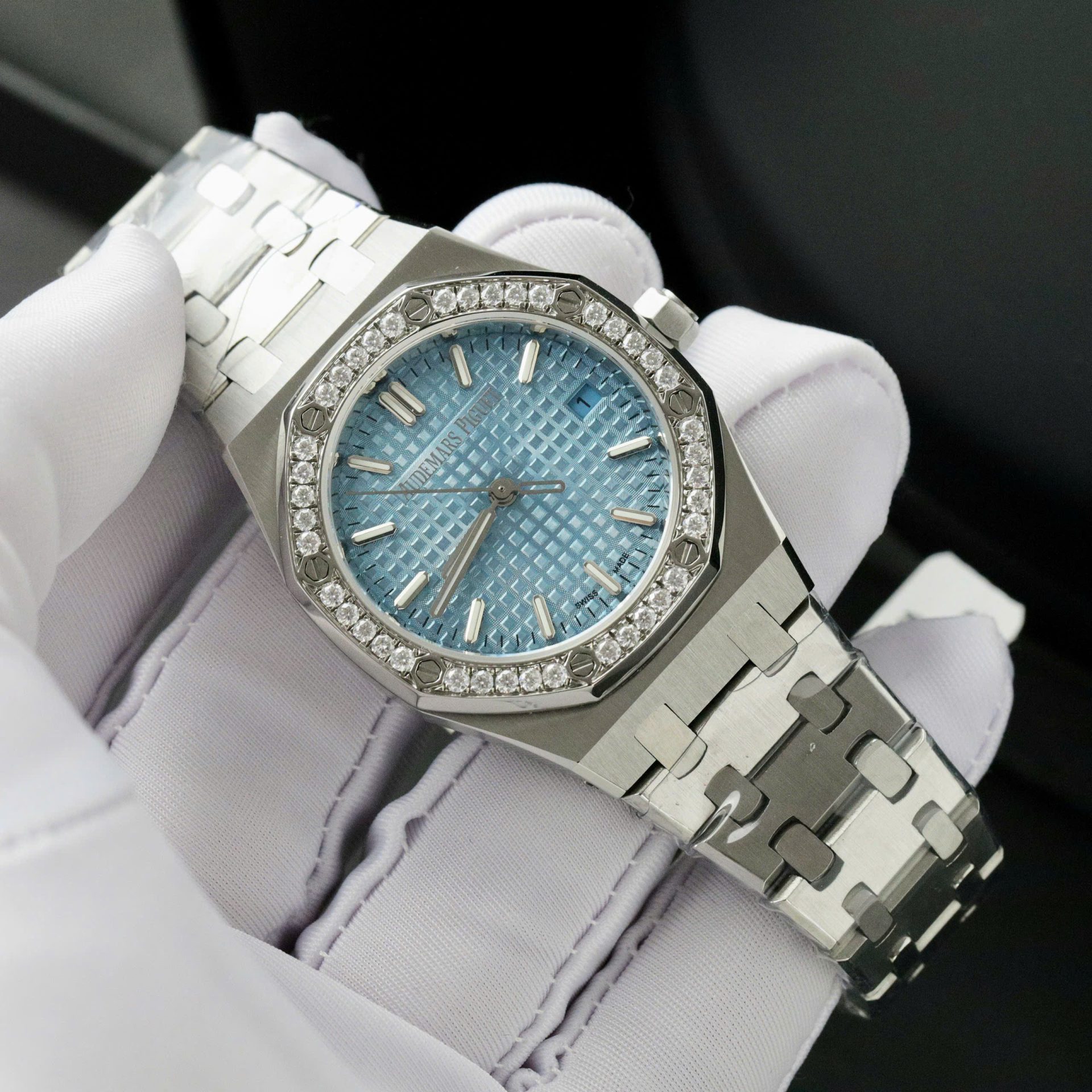 Audemars Piguet Royal Oak Super Clone Watch Ice Blue Dial Bezel Diamonds Moissanite 34mm - Image 2