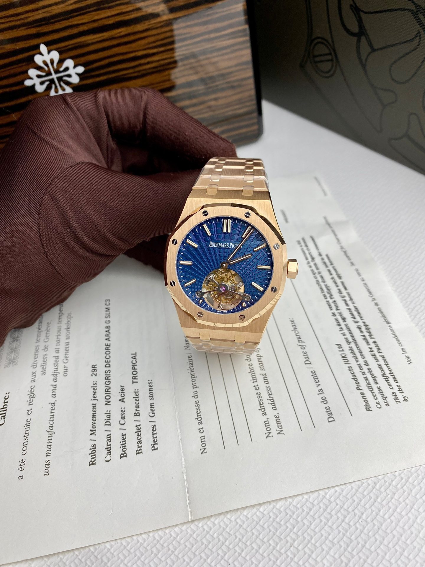 Audemars Piguet Super Clone Watch Royal Oak Tourbillon Rose Gold 26522OR Dial Blue 41mm