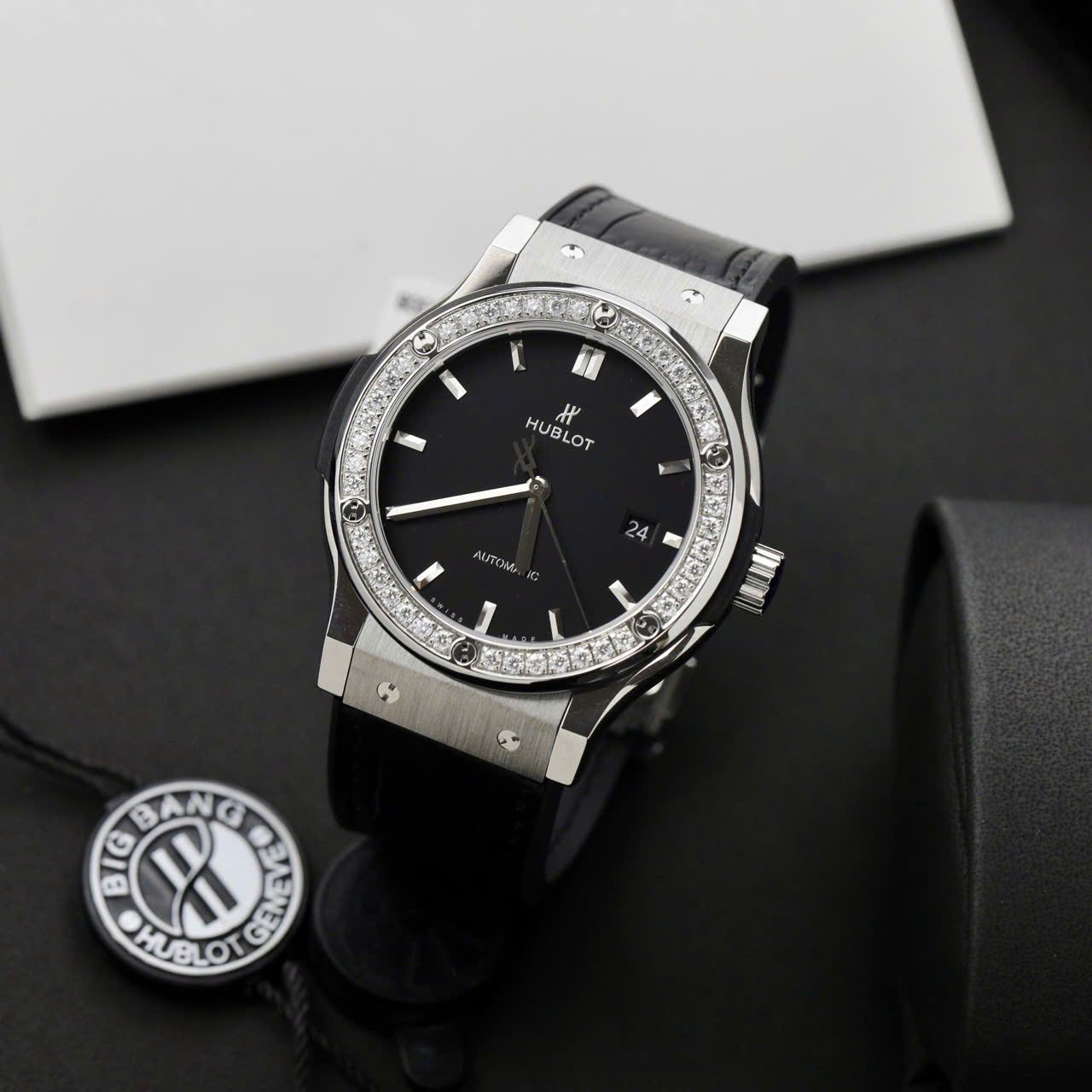 Hublot Classic Fusion Titanium Replica Watch Black Dial Custom Moissanite Diamonds 42mm - Image 4