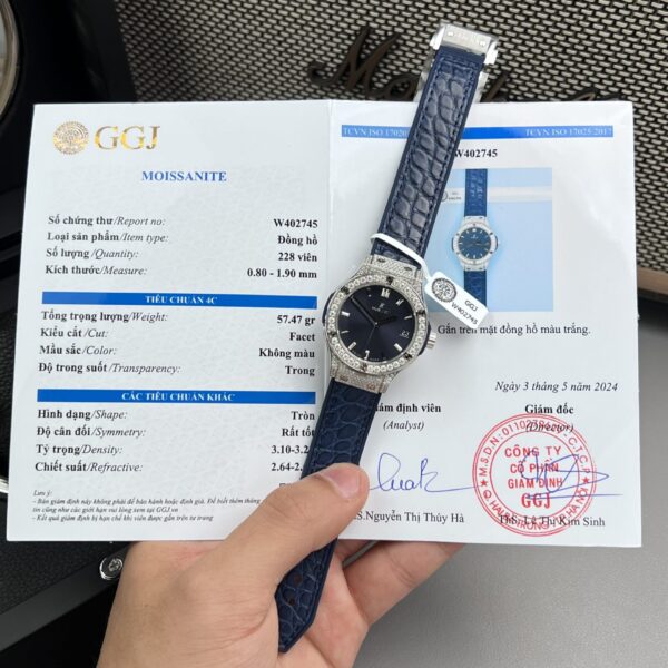 Dong Ho Hublot Classic Fussion Che Tac Kim Cuong Moissanite Nu Mau Xanh Blue 33mm 2 1