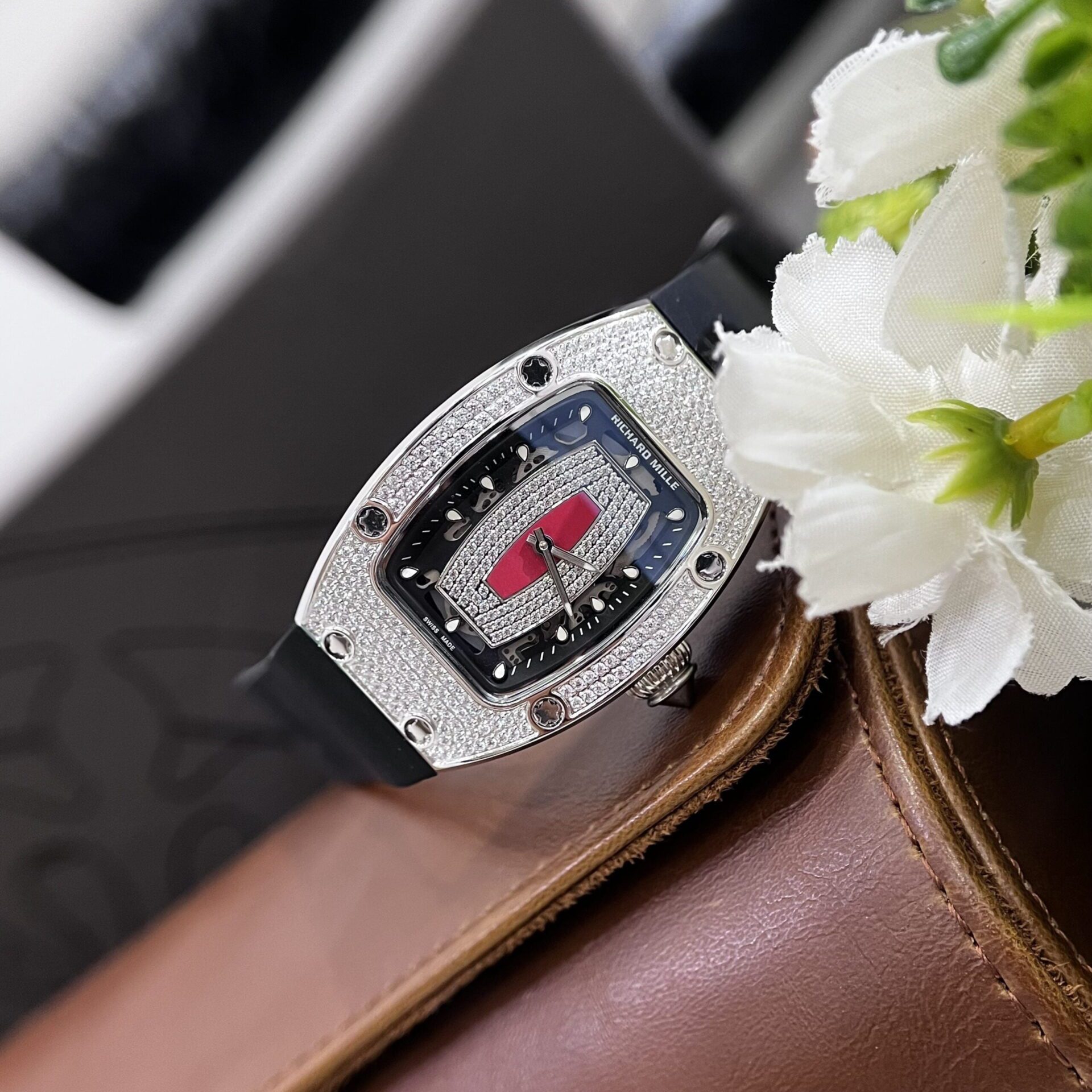 Richard Mille Super Clone Watch RM007 Red Dial Rubber Strap 36mm