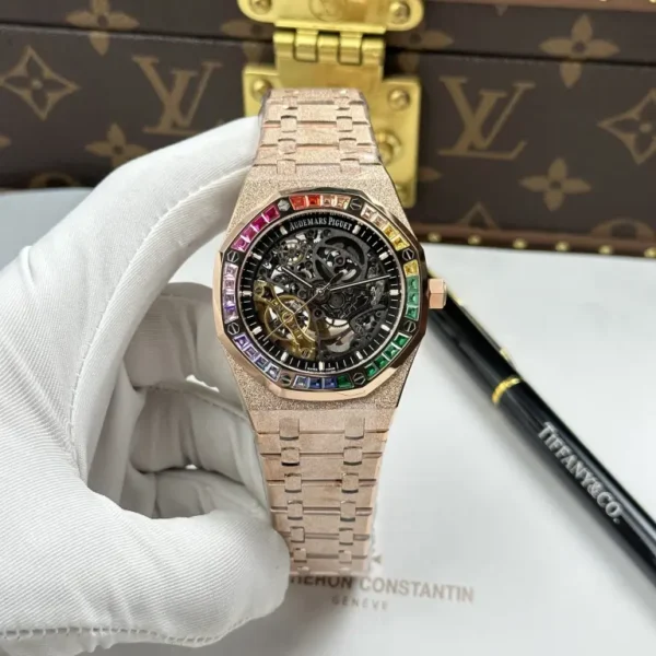 Dong Ho Audemars Piguet Rep 11 Royal Oak Openworked Frosted 15412 Ma Vang Hong Vien Dinh Da Baguette 41mm 1 768x768.jpg