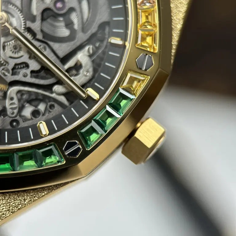Audemars Piguet Replica Watches Royal Oak Openworked Frosted 15412 Case Yellow Bezel Stone Baguette 41mm - Image 5
