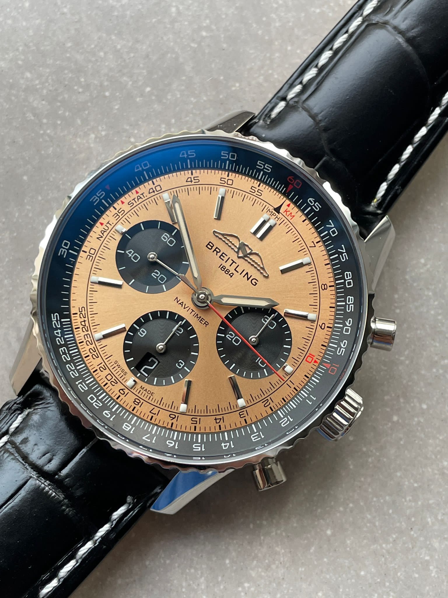 Breitling Navitimer 01 1:1 SS salmon Dial on Brown leather Strap A7750 BLS Factory - Image 3