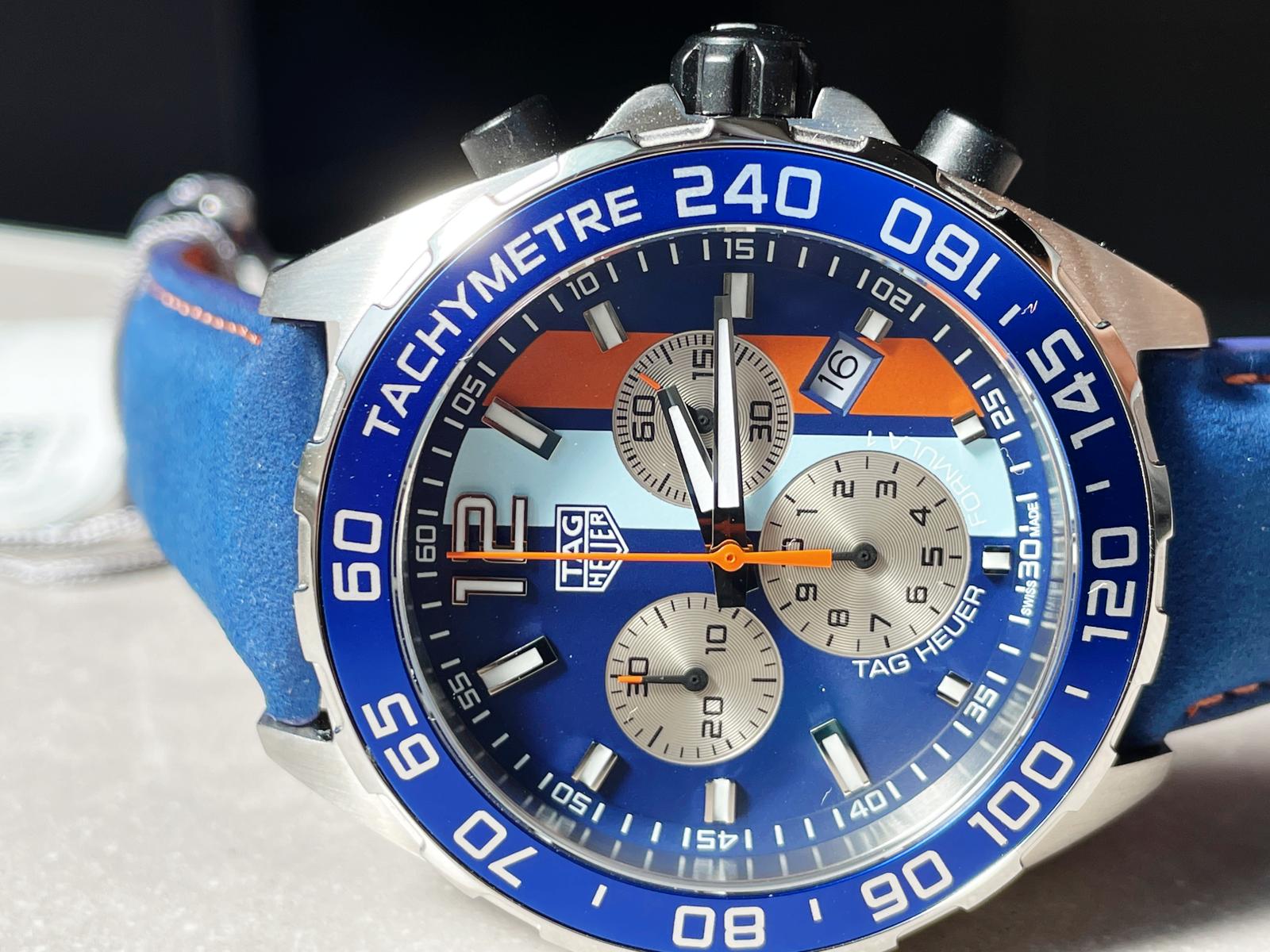 TAG Formula 1 Gulf Racing Special Edition Watch Blue Dial Blue Leather Strap Super Clone - Image 2