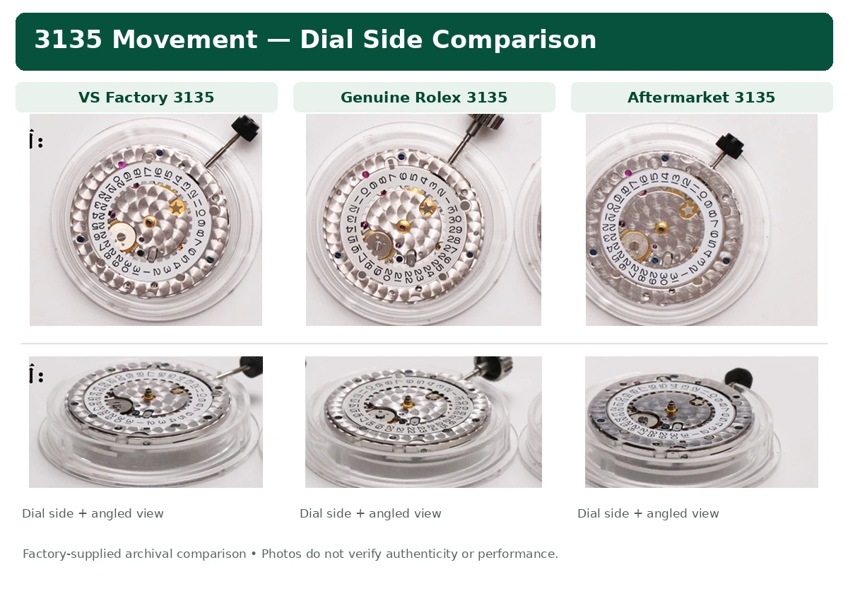Dial-side comparison of VSF 3135, genuine-labeled Rolex 3135, and aftermarket 3135 movements
