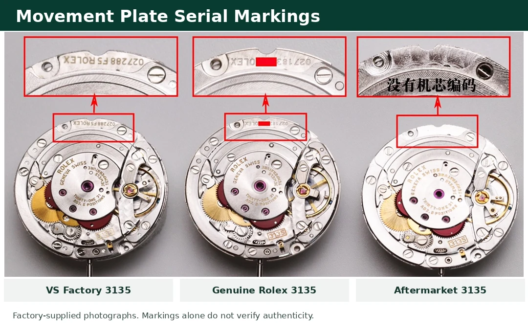 Movement plate serial-style engraving and marking comparison