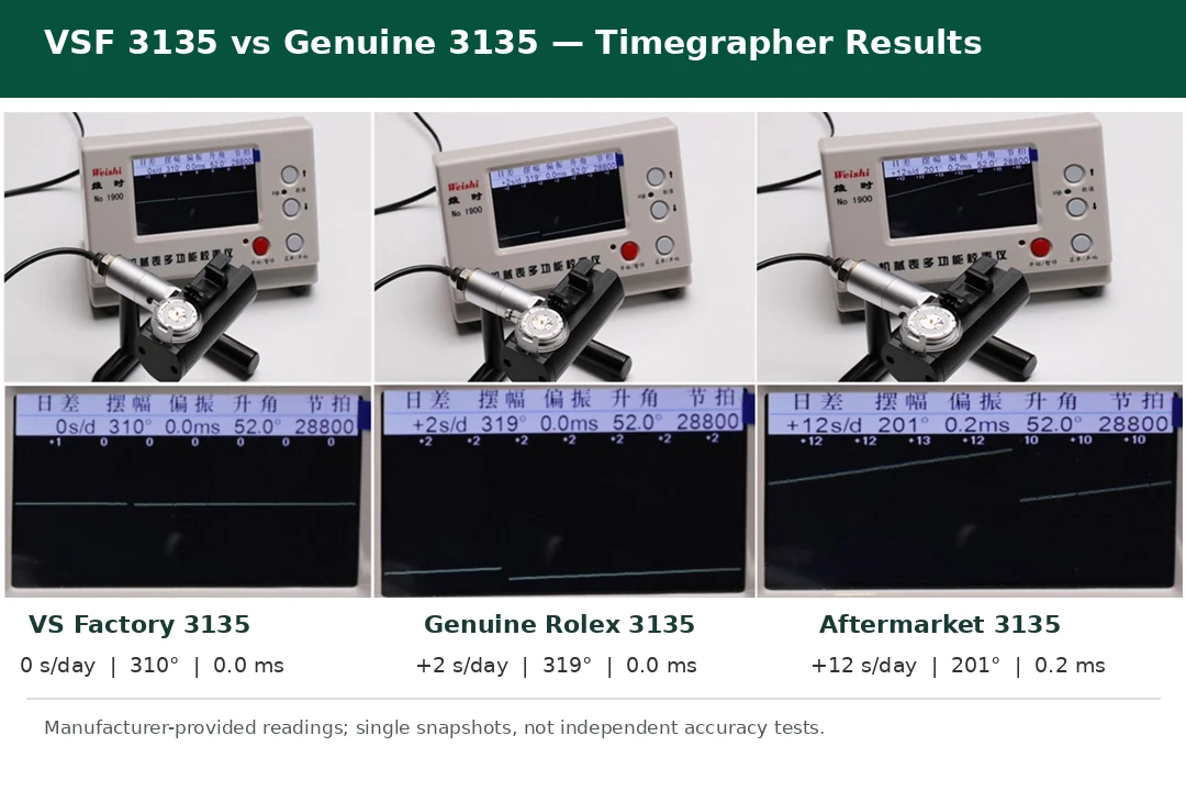 Factory-supplied timegrapher results for three 3135-style movements