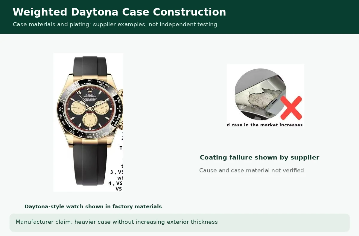 VS Factory promotional illustration of weighted Daytona case construction and damaged plating